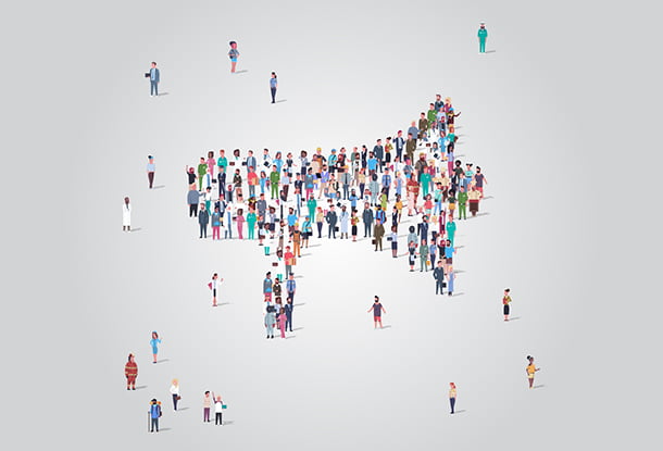 image: megaphone silhouette made of tiny figures of people (iStockphoto)