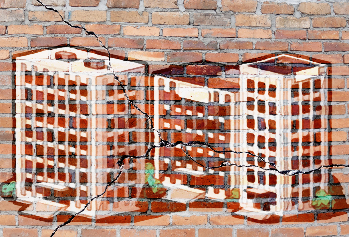 image: painting of apartment buildings on cracked brick wall (photo collage by Maytree, images: iStockphoto)