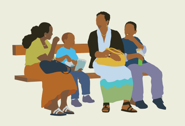 image: small group of children and adults on a bench, drawn in minimal style (iStockphoto)