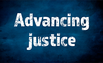 image: "Advancing justice" in distressed font