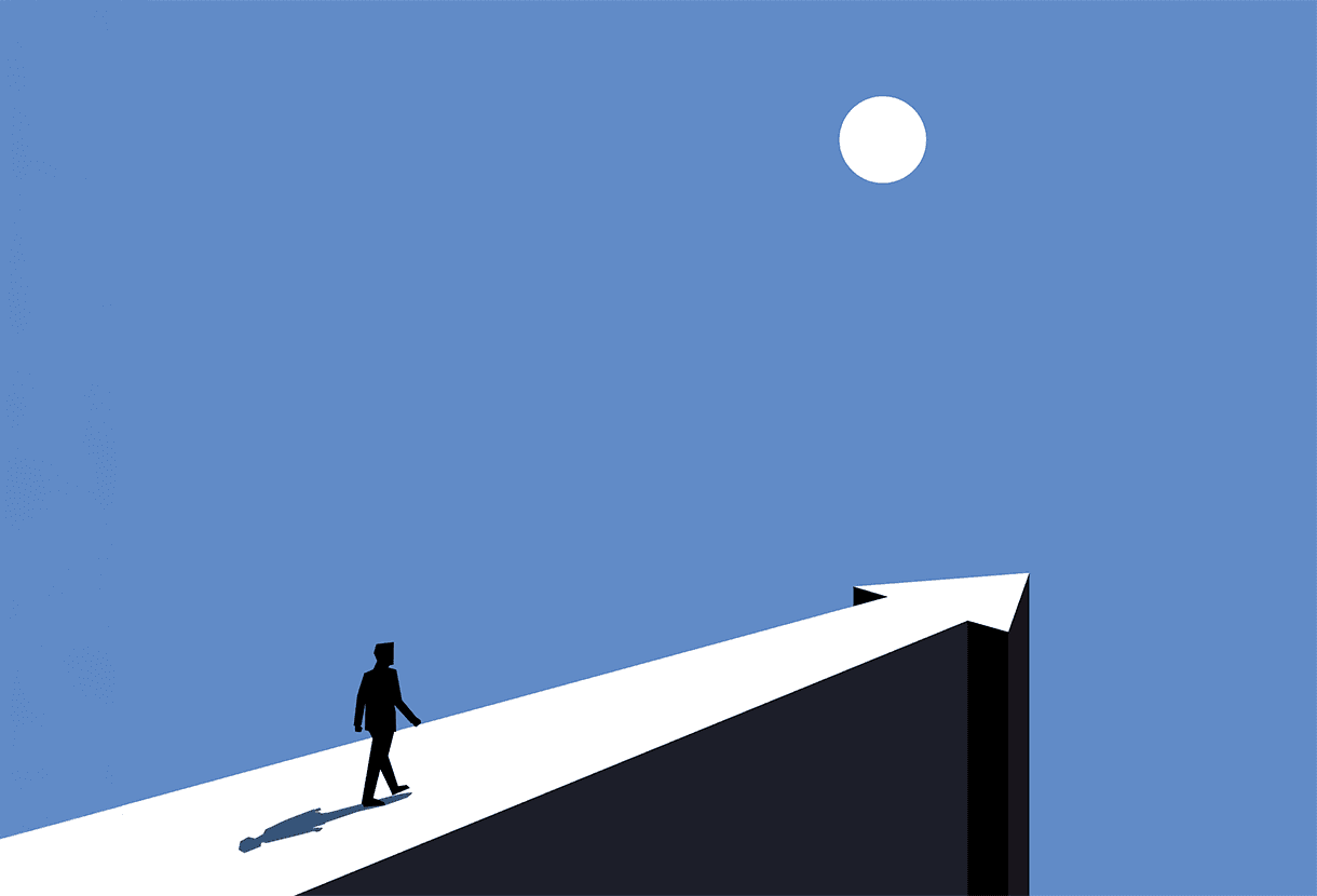 image: figure walking toward a bright moon on a precarious arrow walkway (iStockphoto)