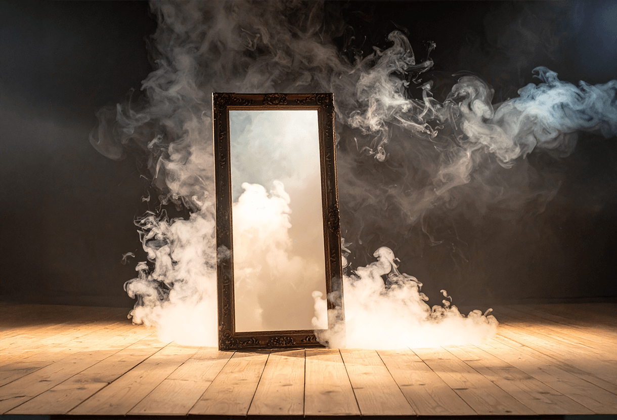 image: a standing floor mirror with wisps of smoke surrounding it